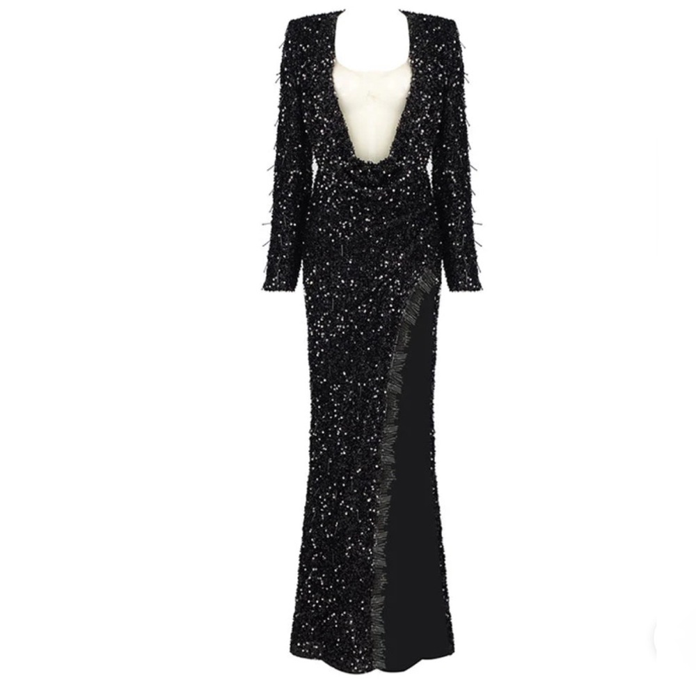 Cowl Neck Long Sleeve Sequined Maxi Prom Dress